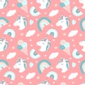 Cute vector seamless pattern with hand drawn unicorns, rainbows, ice cream, clouds and hearts on a pink background